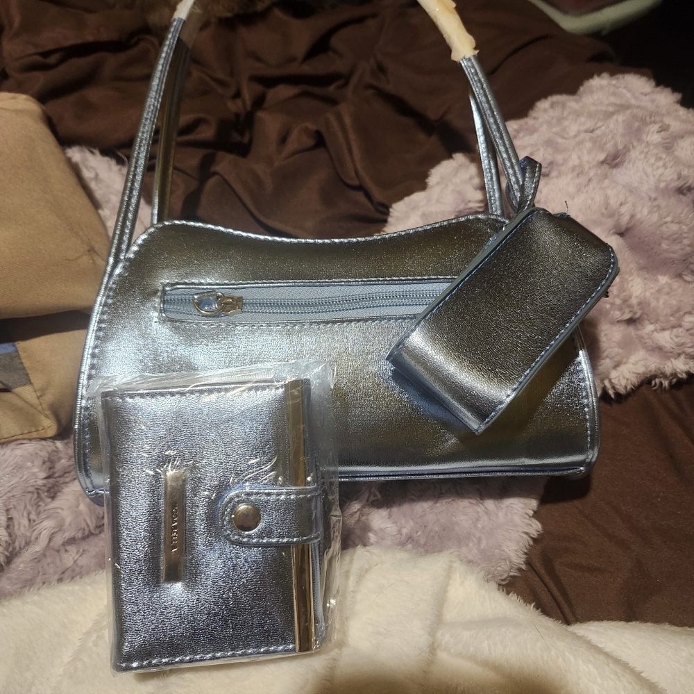 Metallic Blue Silver Shoulder Bag Set - Women's Bag with Wallet and Pouch
